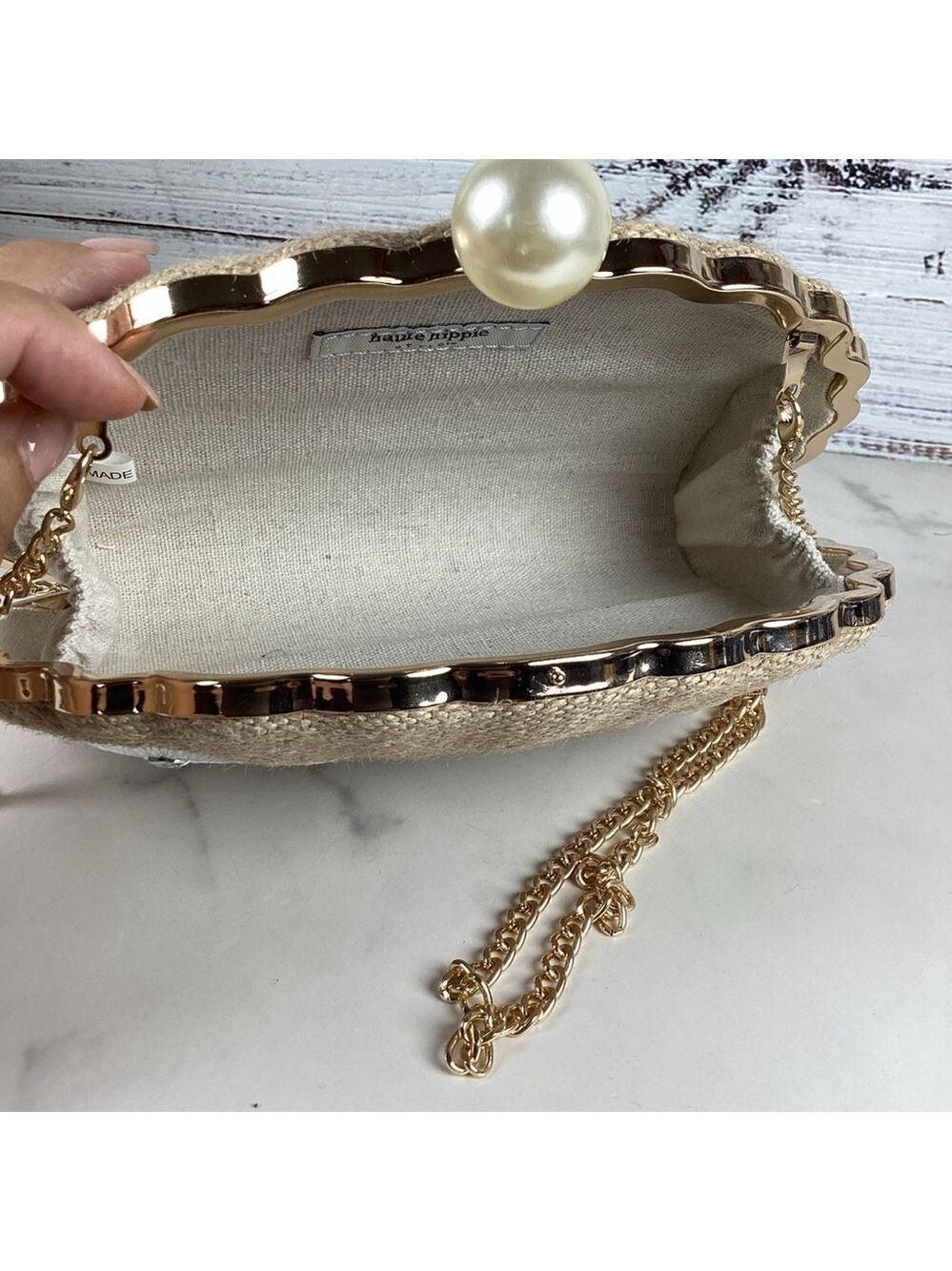Haute Hippie Beach bag Tan Gold Floral Clutch Wristlet rhinestones embroidered - Picture 11 of 11